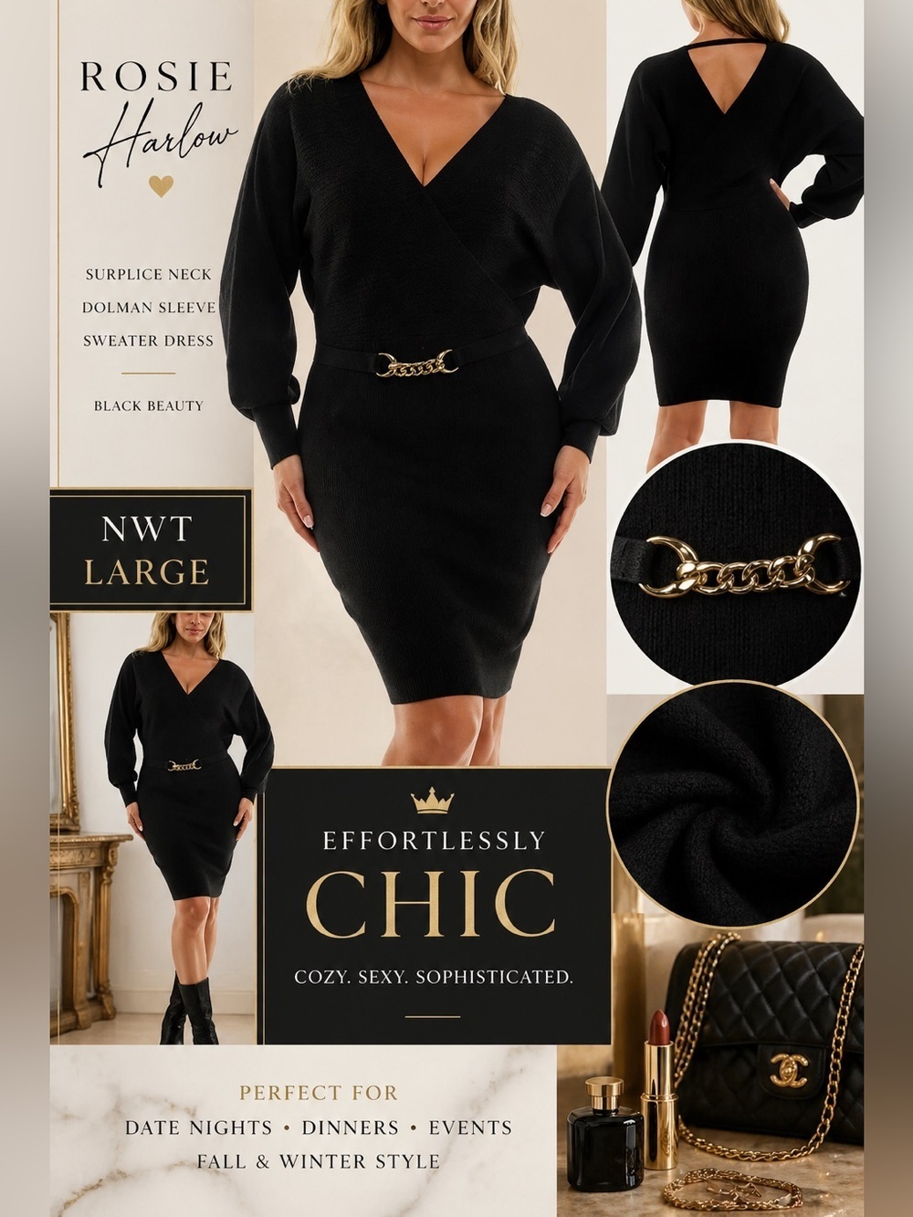 Rosie Harlow Black Sweater Dress Surplice Neck Dolman Sleeve NWT L Chic Bodycon